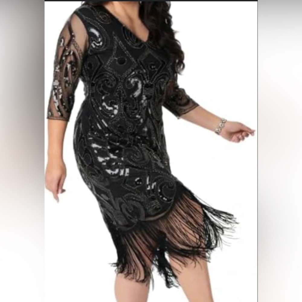Unique Vintage Elegant, Black, Sequin Fringe, Flapper Dress